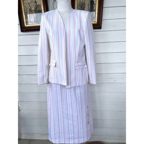 Vintage 1970s White Peach Striped Skirt Suit - Picture 11 of 16